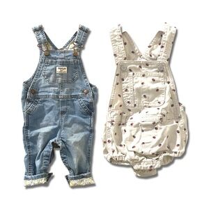 set of 2 - white bubble overalls w ladybugs + blue pant overalls w floral lining